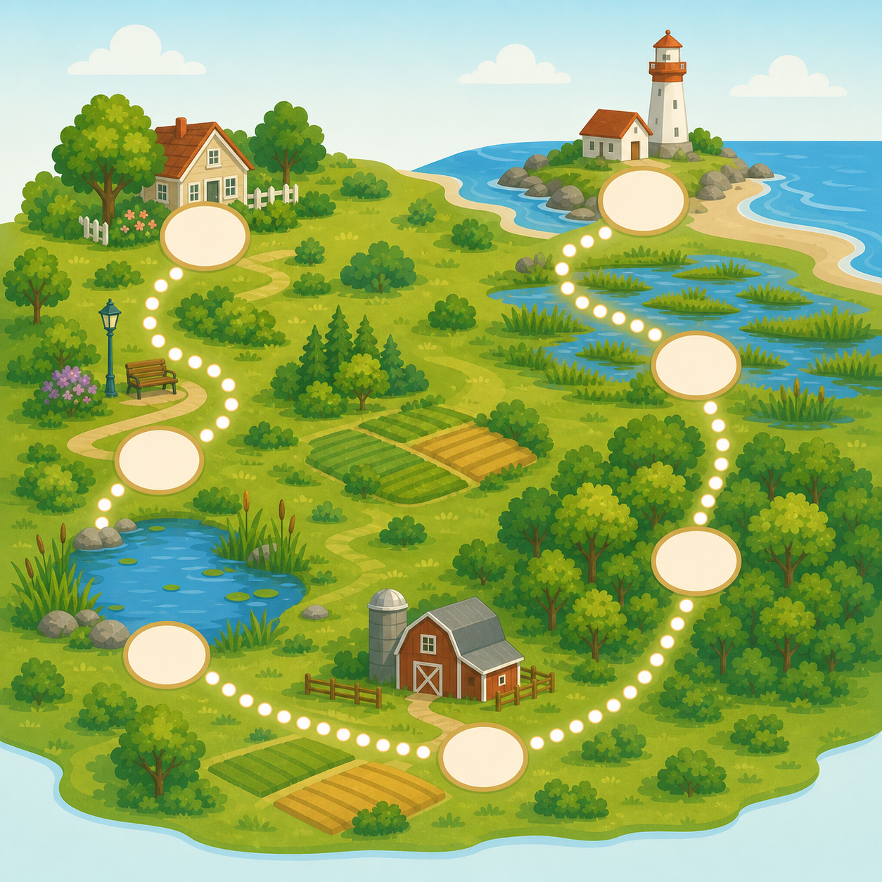 The illustrated Idle Birder route from a backyard through parks, wetlands, forest, farmland, and coast